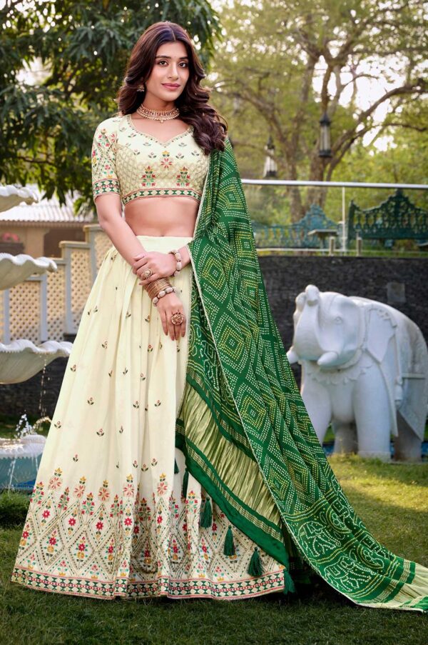 Off-White and Green Lehenga Choli with a Bandhani Dupatta