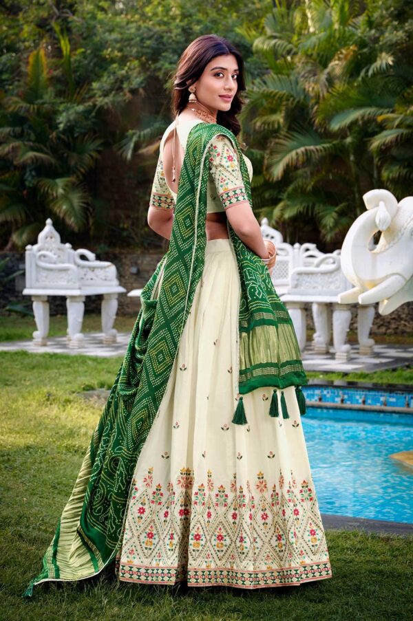 Off-White and Green Lehenga Choli with a Bandhani Dupatta