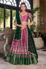 Pink-Kanchipuram-Silk-Lehenga-Choli-with-Green-Dupatta