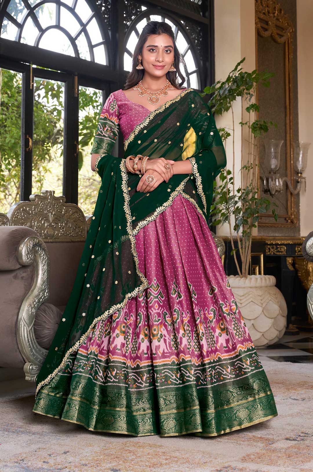 Pink Kanchipuram Silk Lehenga Choli with Green Dupatta