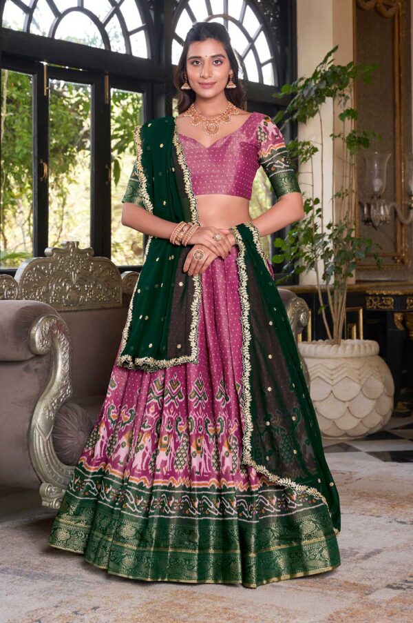 Pink Kanchipuram Silk Lehenga Choli with Green Dupatta