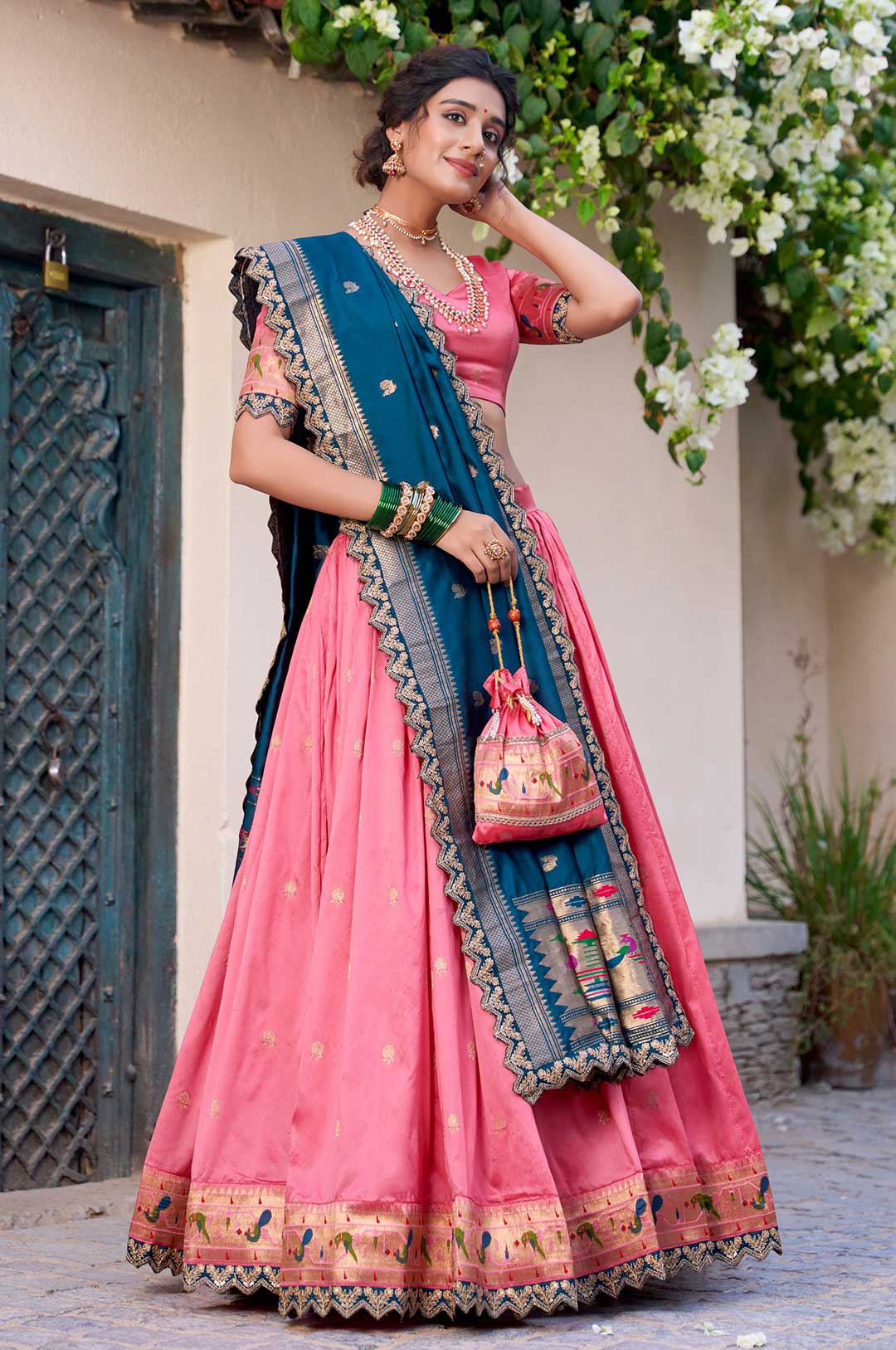 Pink Paithani Jacquard Silk Lehenga Choli with Zari Weaving & Paithani Dupatta