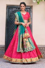 Pink-and-Teal-Brocade-Paithani-Jacquard-Silk-Lehenga-Choli-with-Dupatta-&amp;-Batwa-2