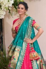 Pink-and-Teal-Brocade-Paithani-Jacquard-Silk-Lehenga-Choli-with-Dupatta-&amp;-Batwa-3