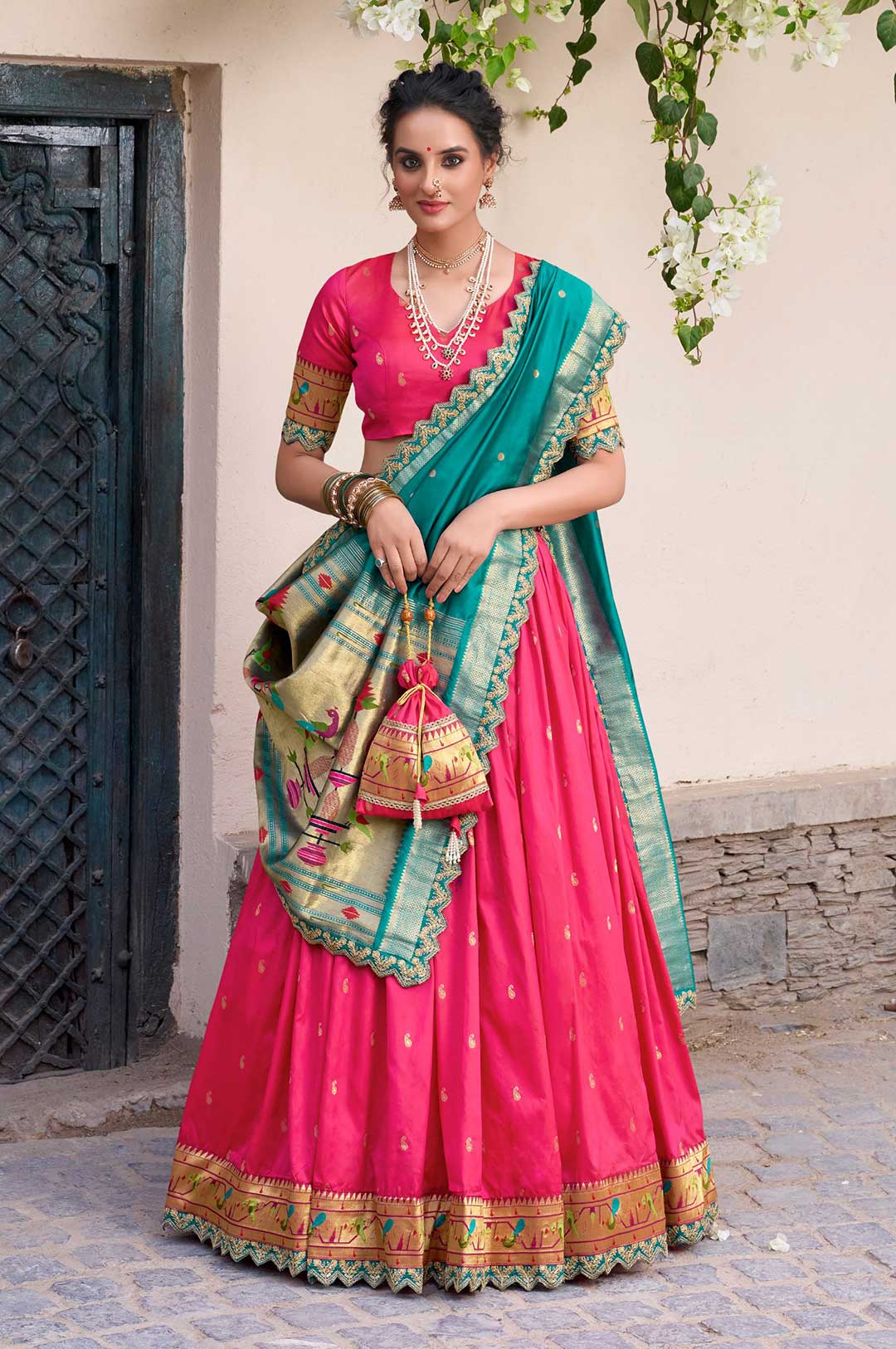 Pink and Teal Brocade Paithani Jacquard Silk Lehenga Choli with Dupatta & Batwa