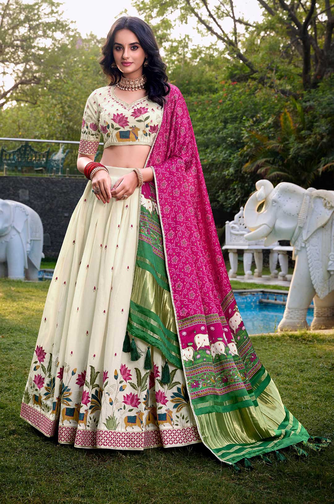 Pista Green Floral Lehenga Choli with a Bandhani Dupatta