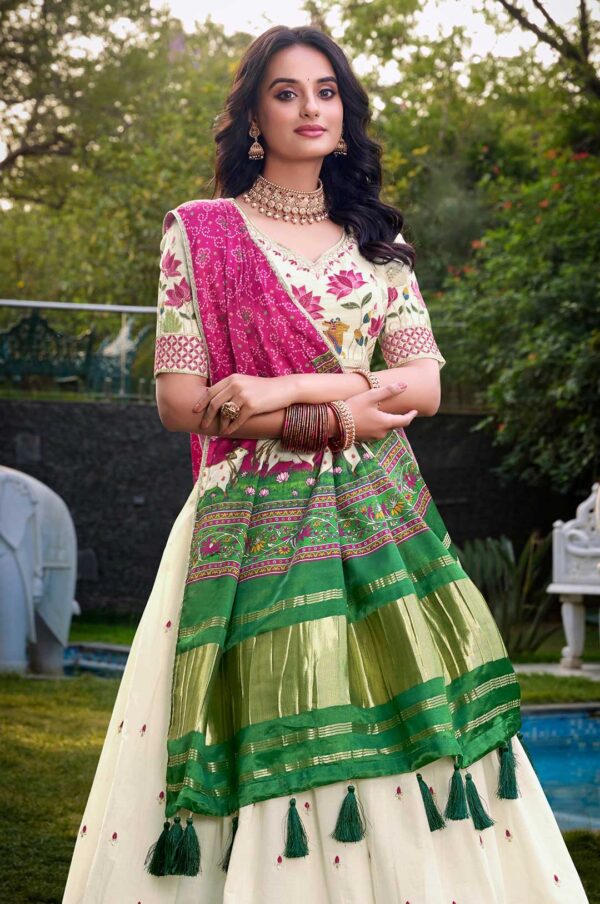 Pista Green Floral Lehenga Choli with a Bandhani Dupatta
