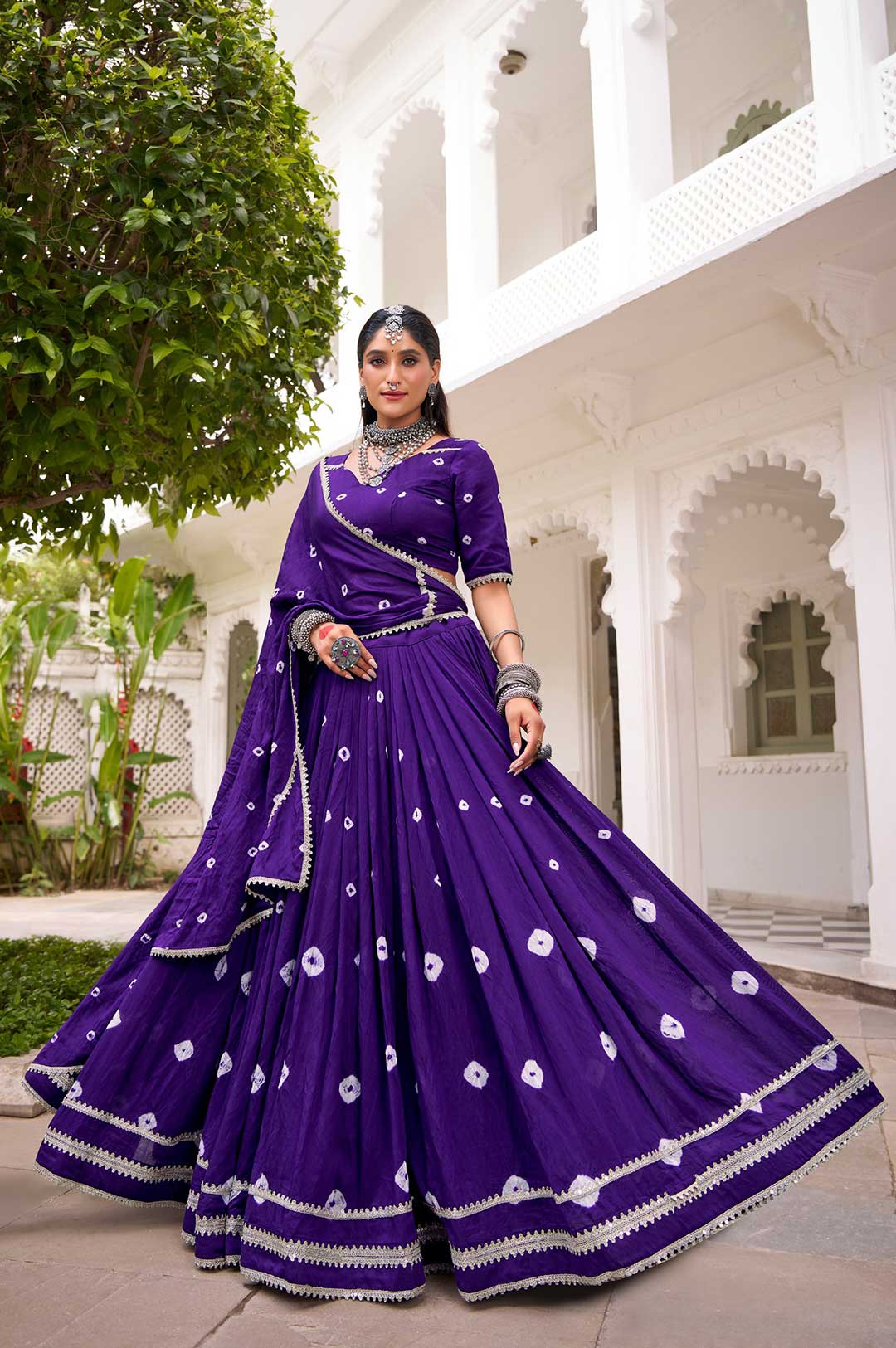 Purple Chanderi Bandhej Print Lehenga Choli with Dupatta