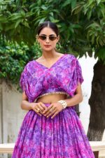 Purple-Floral-Print-Chiffon-Lehenga-with-Pearl-Touch-Blouse-4