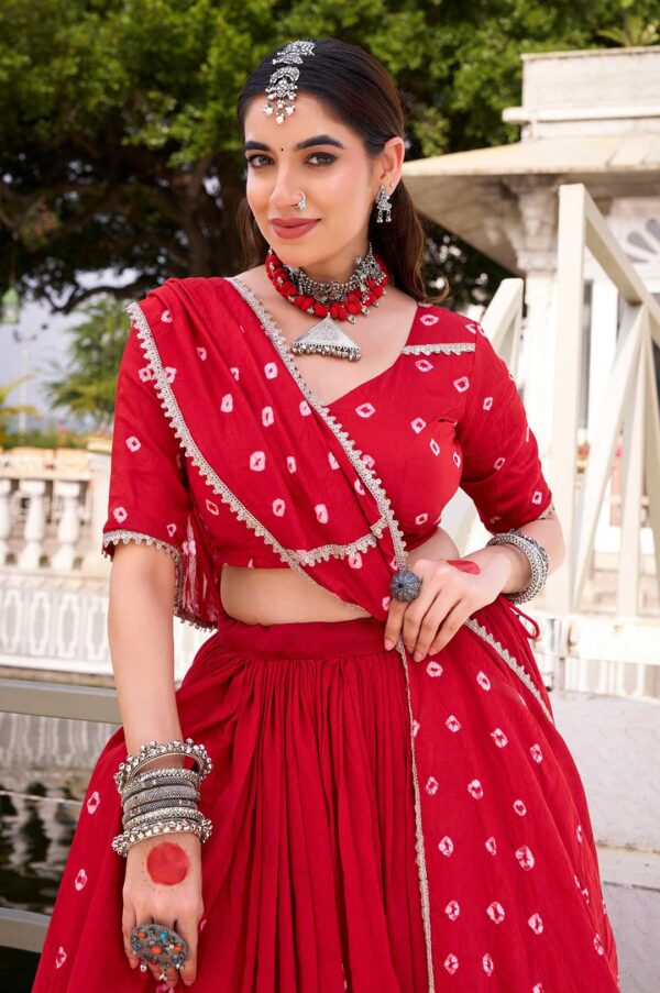 Red Chanderi Bandhej Print Lehenga Choli with Dupatta