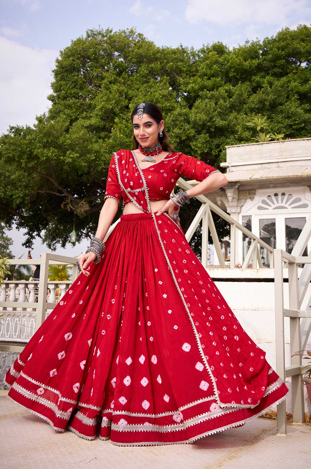 Red Chanderi Bandhej Print Lehenga Choli with Dupatta