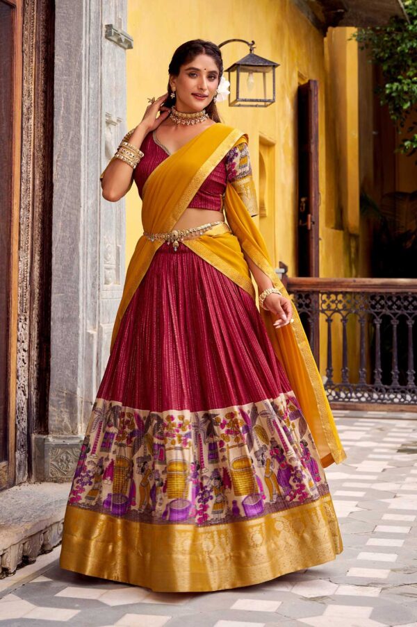 Red & Mustard Poly Chanderi Kalamkari Zari Work Lehenga Choli