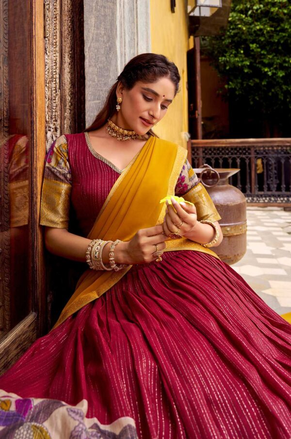 Red & Mustard Poly Chanderi Kalamkari Zari Work Lehenga Choli