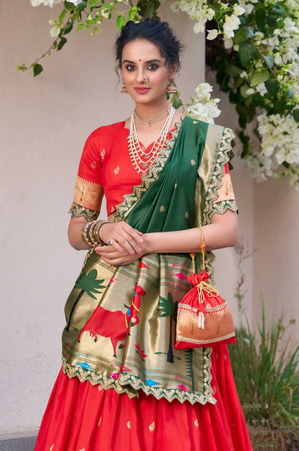 Red Paithani Jacquard Silk Lehenga Choli with Green Dupatta & Batwa