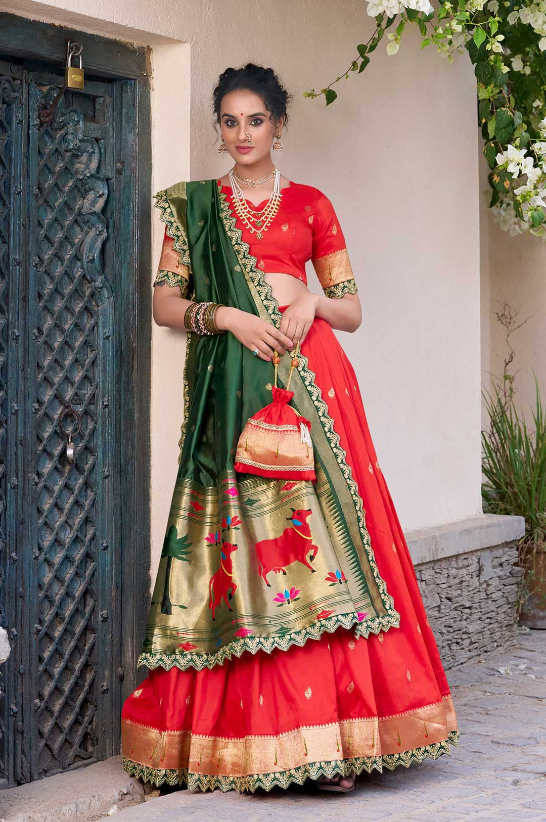 Red Paithani Jacquard Silk Lehenga Choli with Green Dupatta & Batwa