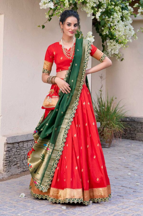 Red Paithani Jacquard Silk Lehenga Choli with Green Dupatta & Batwa