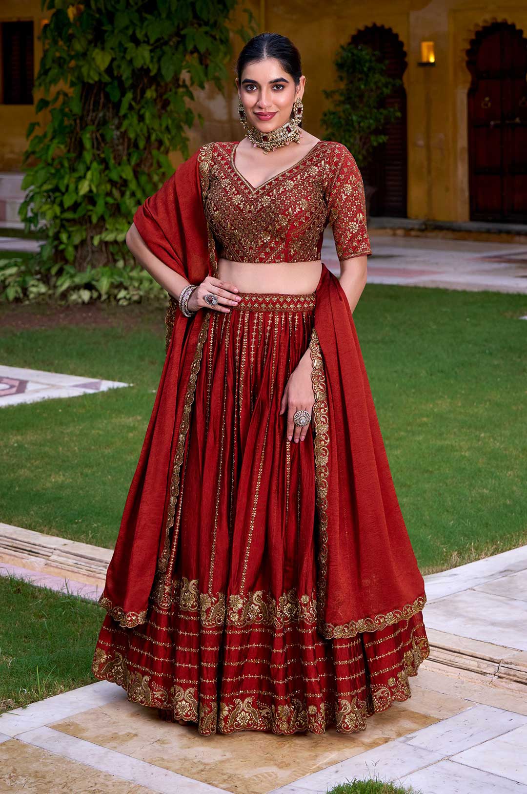 Regal Maroon Rangoli Crush Embroidered Lehenga Choli With Dupattaa