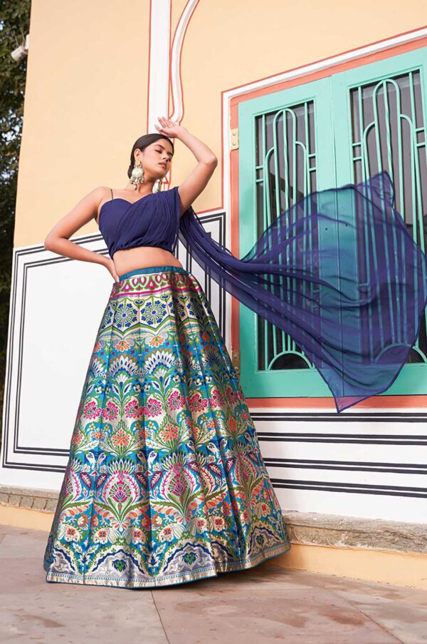 Royal Blue Banarasi Silk Zari Weaving Lehenga with Georgette Blouse & Attached Dupatta