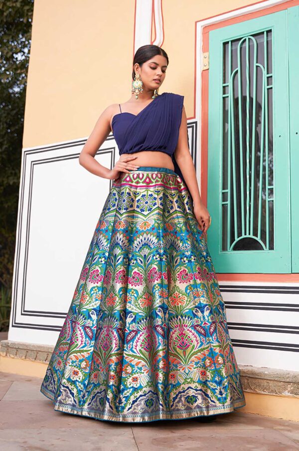 Royal Blue Banarasi Silk Zari Weaving Lehenga with Georgette Blouse & Attached Dupatta