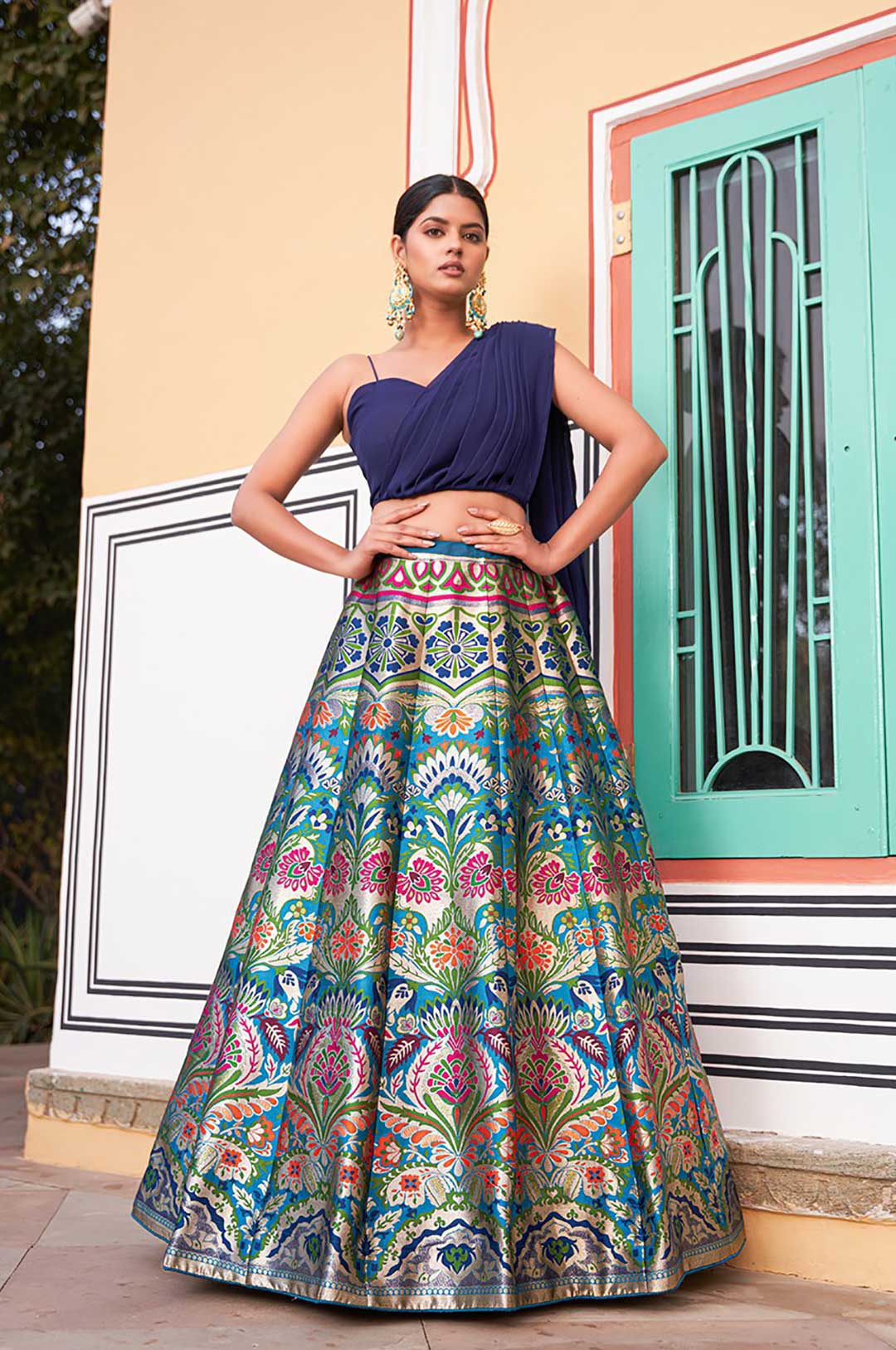 Royal Blue Banarasi Silk Zari Weaving Lehenga with Georgette Blouse & Attached Dupatta