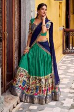 Royal-Green-&amp;-Navy-Blue-Poly-Chanderi-Kalamkari-Zari-Weaving-Lehenga-Set-2