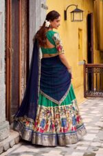 Royal-Green-&amp;-Navy-Blue-Poly-Chanderi-Kalamkari-Zari-Weaving-Lehenga-Set-3