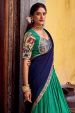 Royal-Green-&amp;-Navy-Blue-Poly-Chanderi-Kalamkari-Zari-Weaving-Lehenga-Set-4