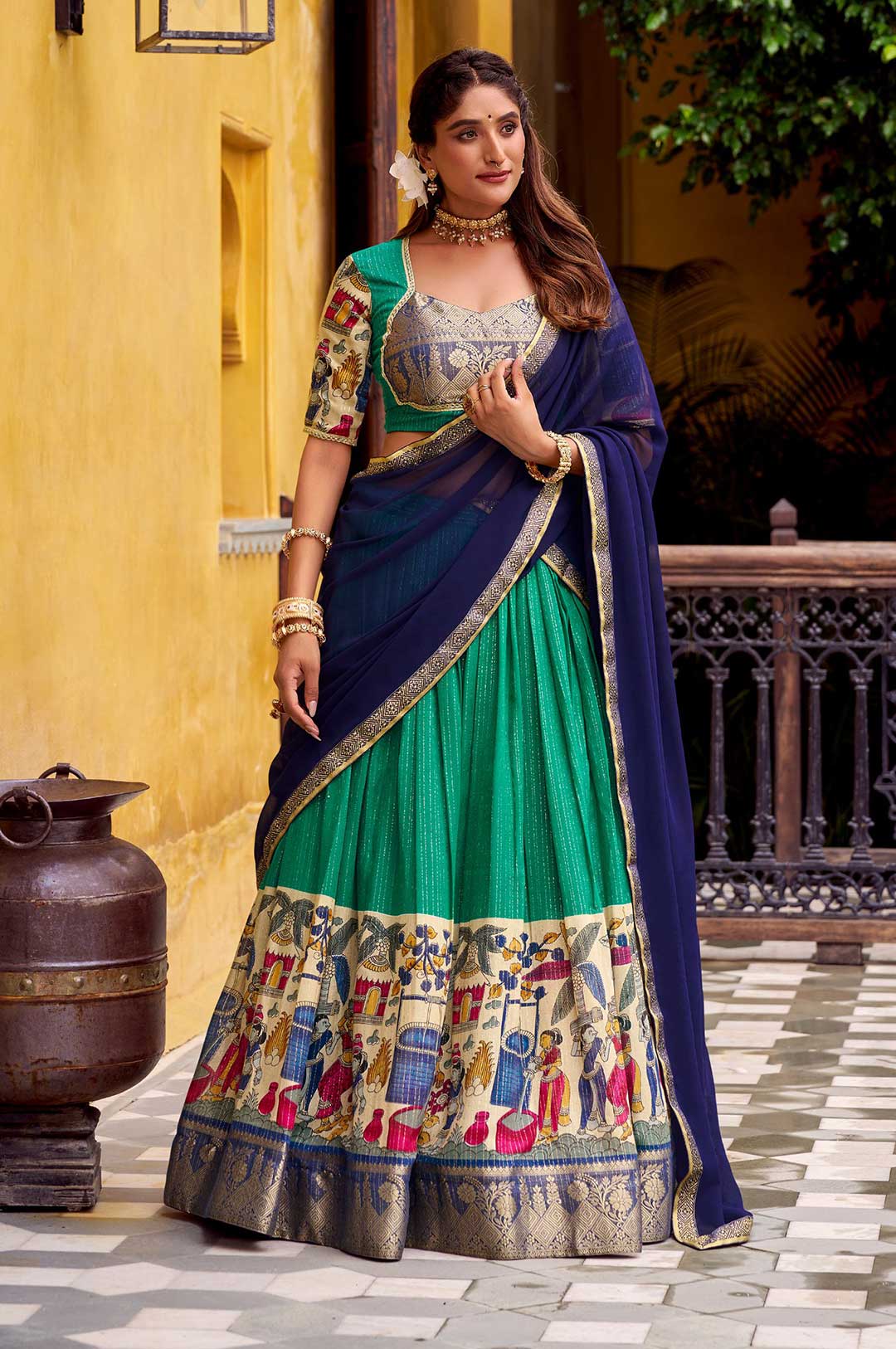 Royal Green & Navy Blue Poly Chanderi Kalamkari Zari Weaving Lehenga Set
