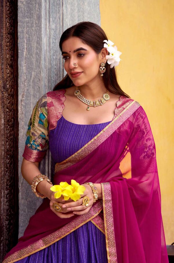 Royal Purple & Pink Poly Chanderi Kalamkari Zari Work Lehenga Set