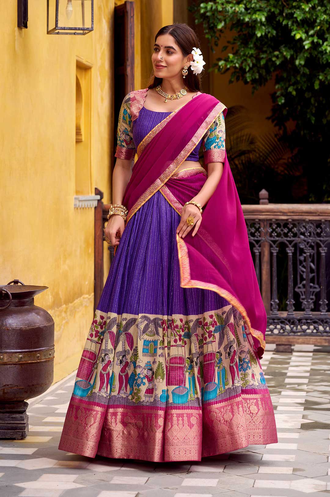Royal Purple & Pink Poly Chanderi Kalamkari Zari Work Lehenga Set