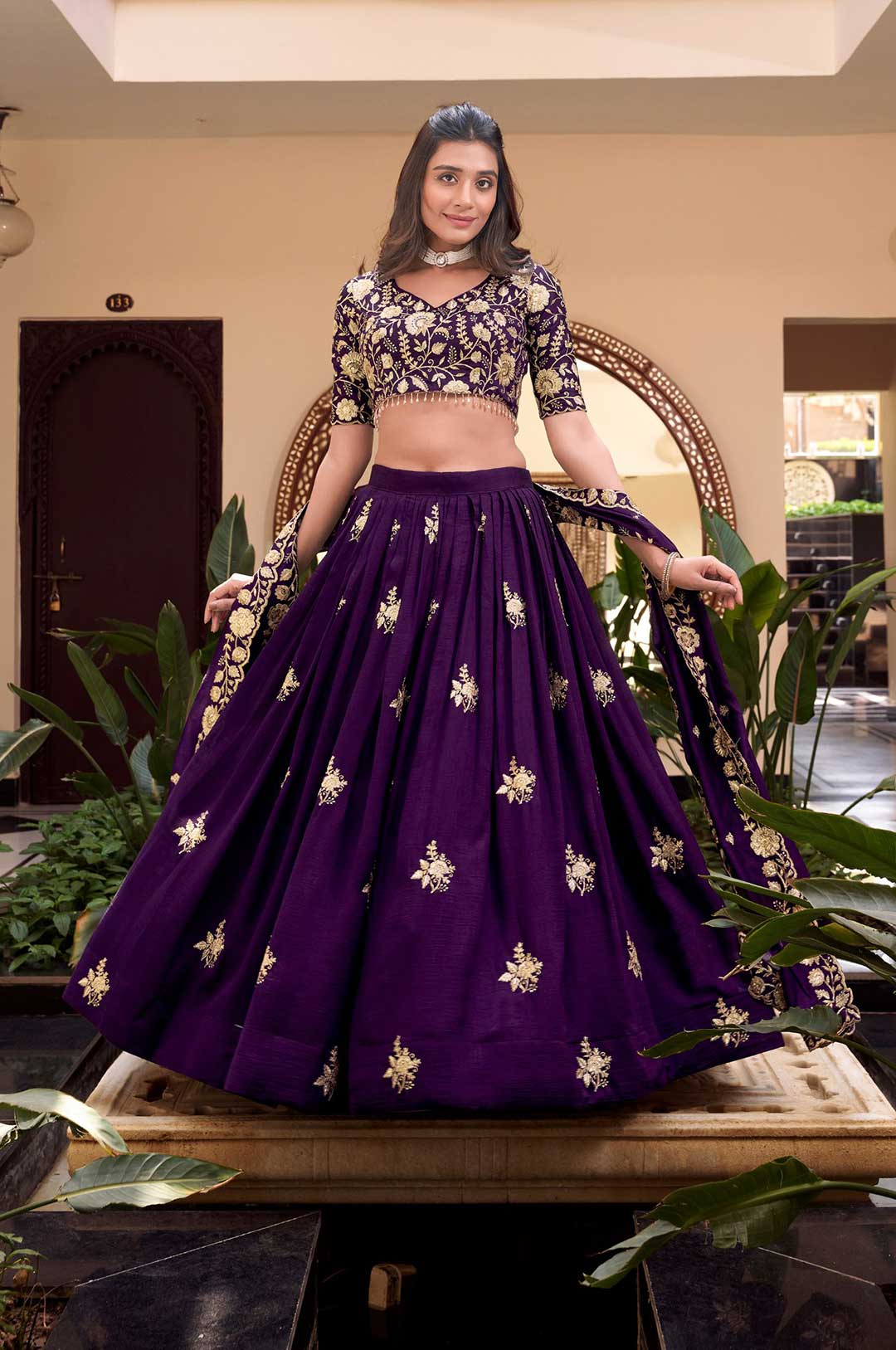 Royal Purple Vichitra Silk Embroidered Lehenga Choli