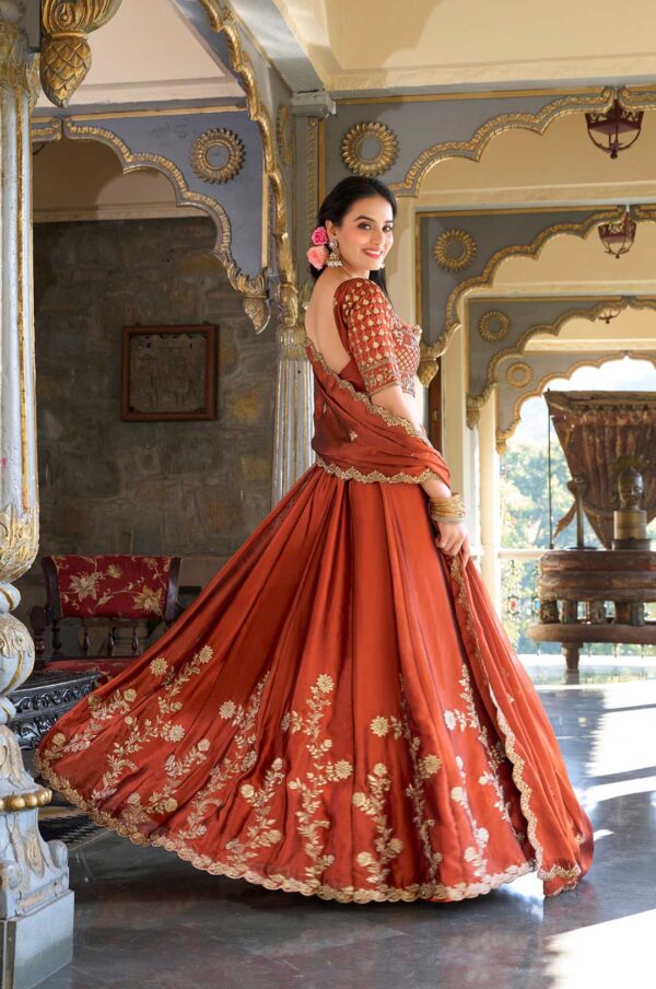 Rust Orange Rangoli Silk Embroidered Lehenga Choli with Dupatta
