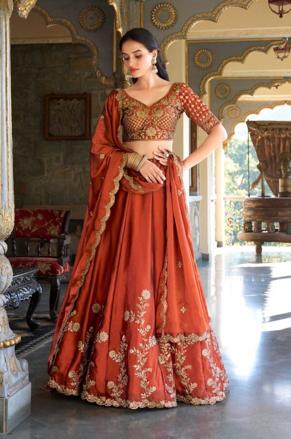 Rust Orange Rangoli Silk Embroidered Lehenga Choli with Dupatta