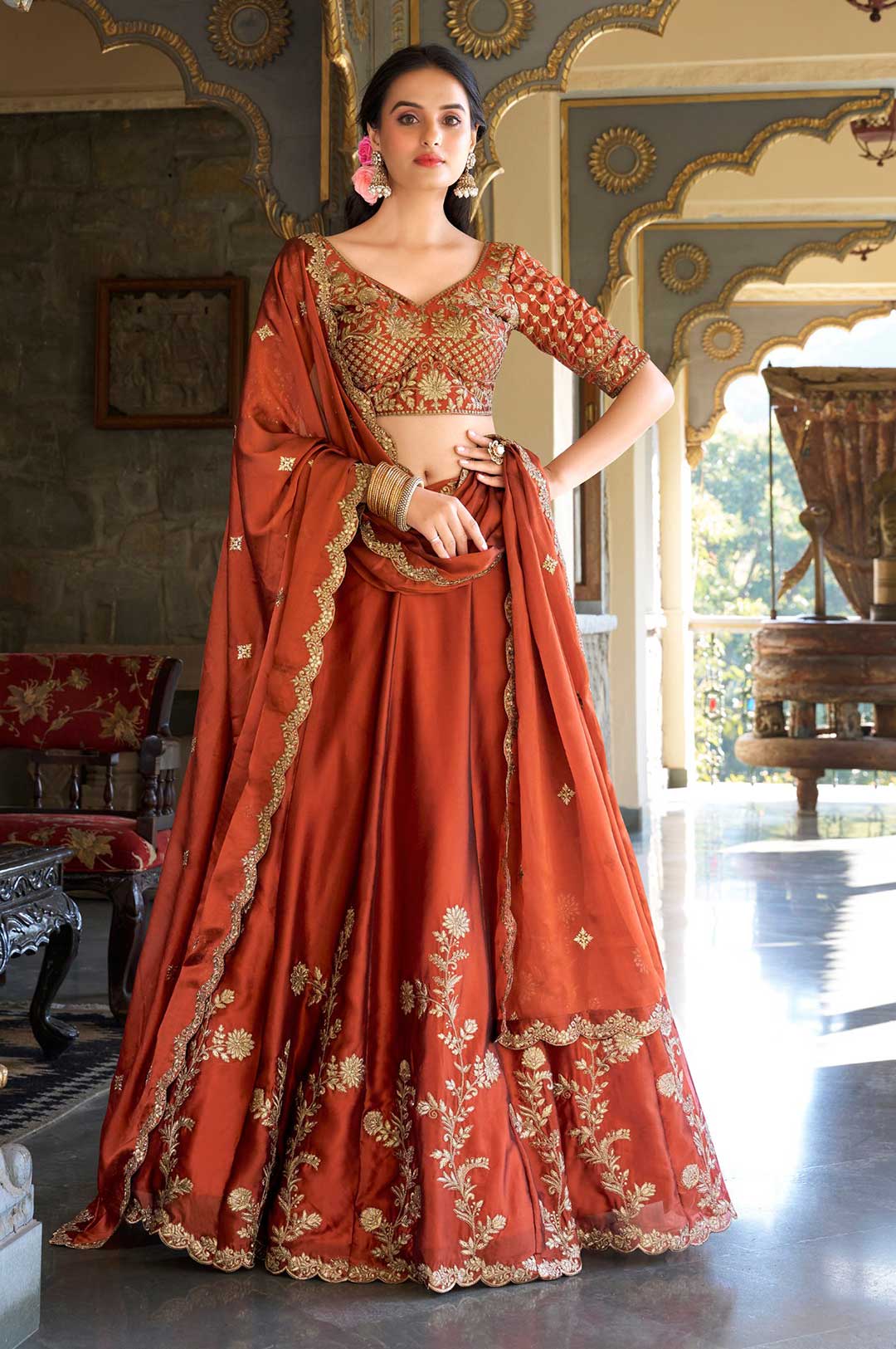 Rust Orange Rangoli Silk Embroidered Lehenga Choli with Dupatta
