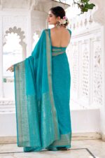 Teal-Blue-Chinon-Saree-with-Zari-Weaving-Work-3