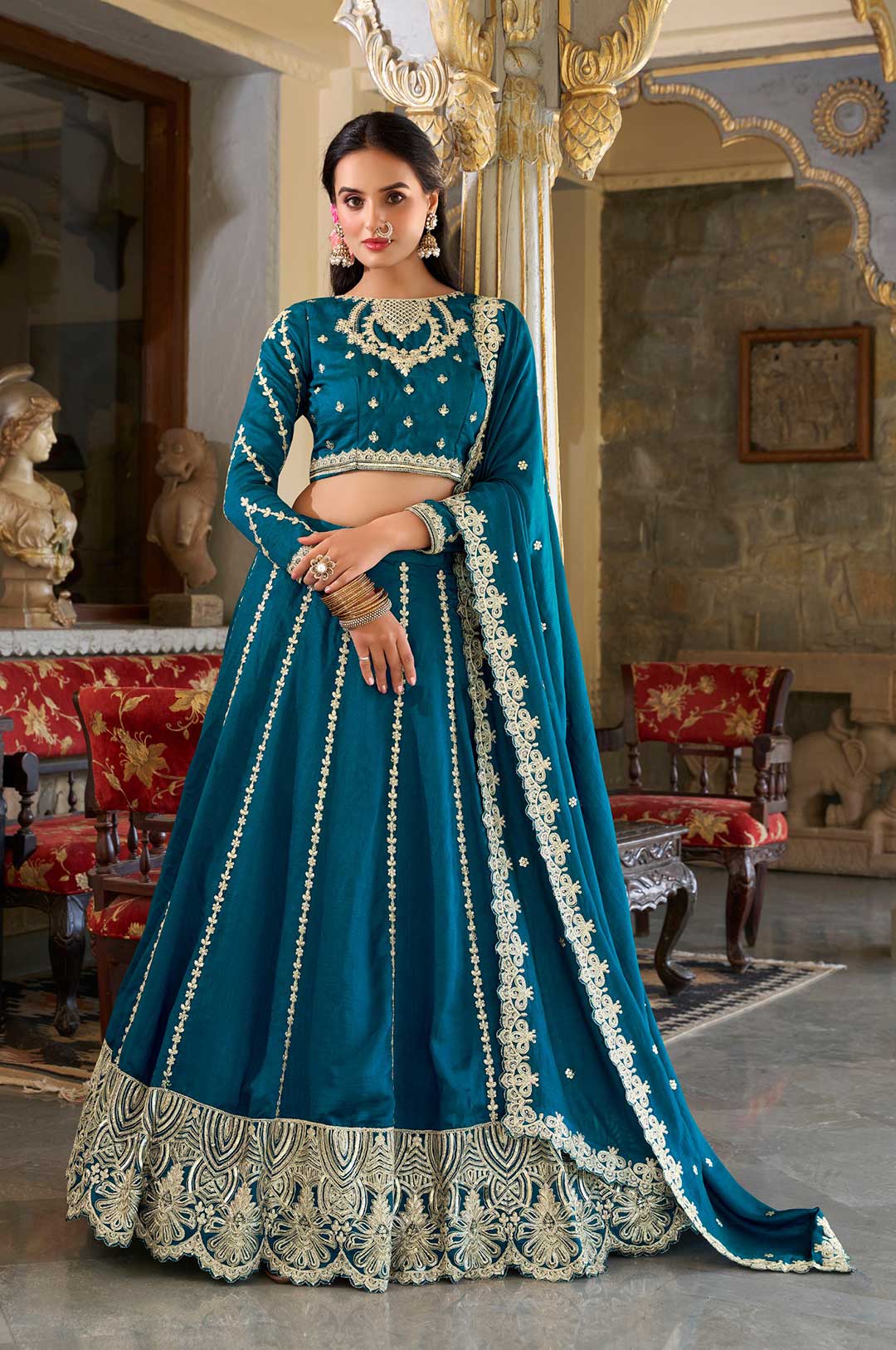 Teal Vichitra Silk Embroidered Lehenga Choli with Dupatta