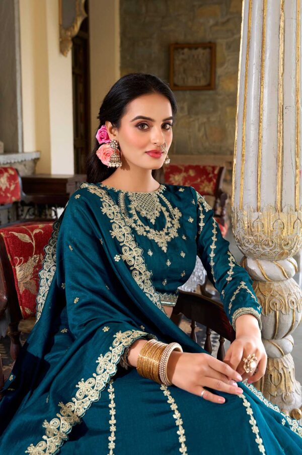 Teal Vichitra Silk Embroidered Lehenga Choli with Dupatta