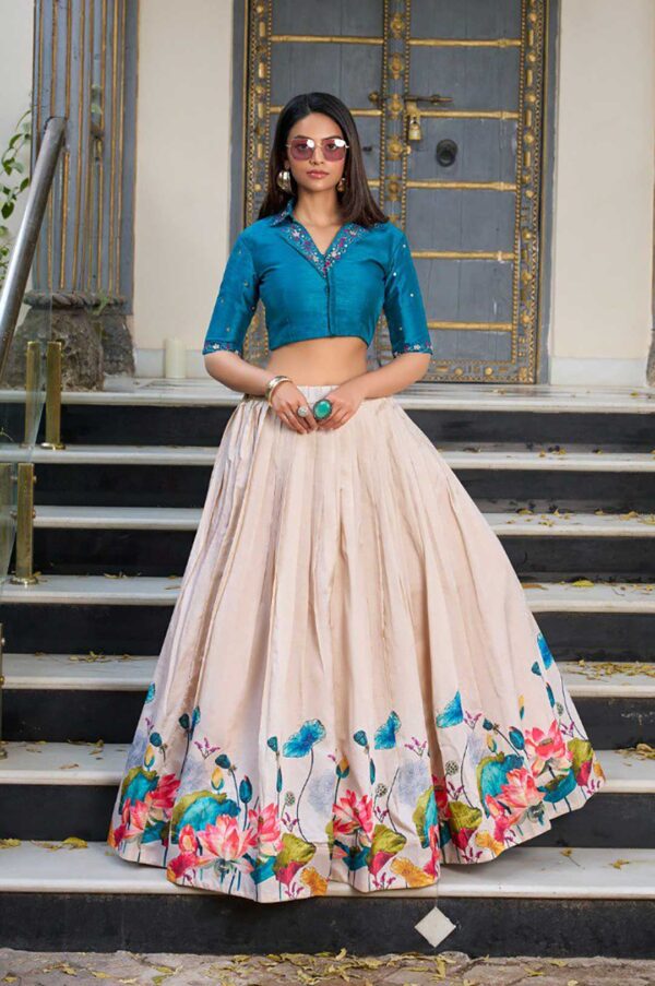 Tussar Silk Ivory Floral Print Lehenga with Teal Mirror Work Blouse