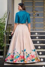 Tussar-Silk-Ivory-Floral-Print-Lehenga-with-Teal-Mirror-Work-Blouse-3
