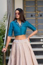 Tussar-Silk-Ivory-Floral-Print-Lehenga-with-Teal-Mirror-Work-Blouse-4