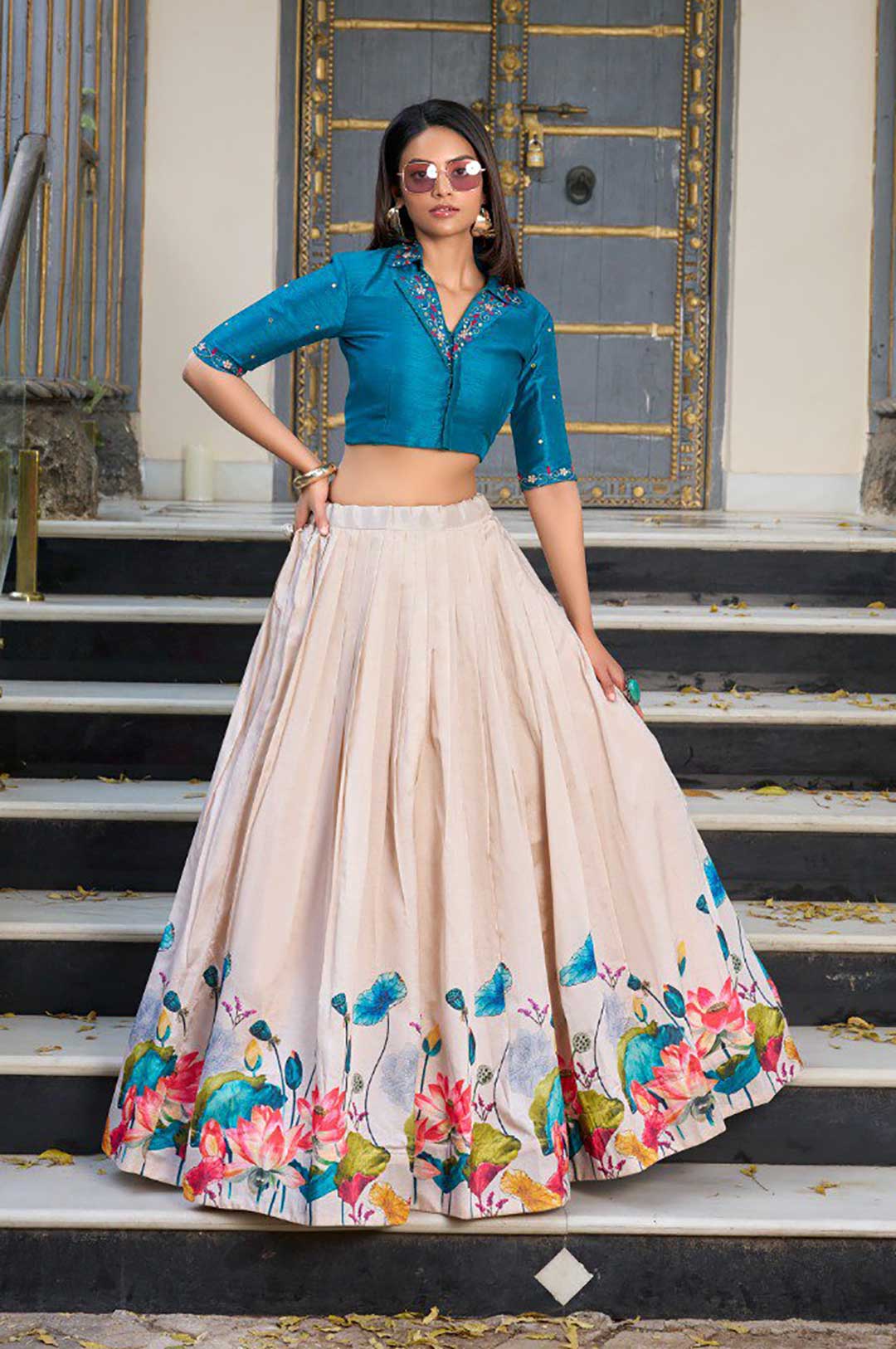 Tussar Silk Ivory Floral Print Lehenga with Teal Mirror Work Blouse