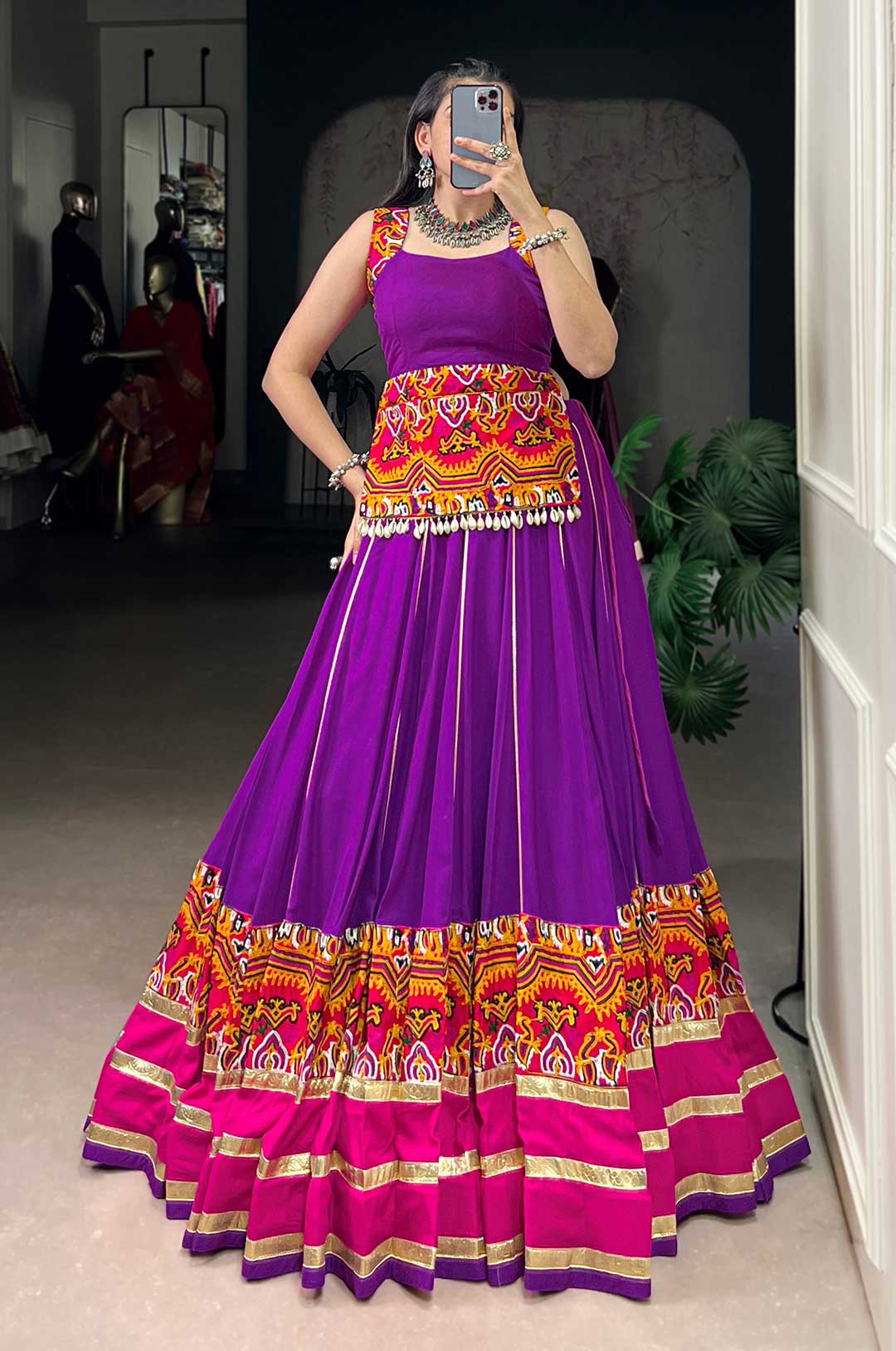 Vibrant Purple Rayon Gamthi Embroidered Lehenga Choli