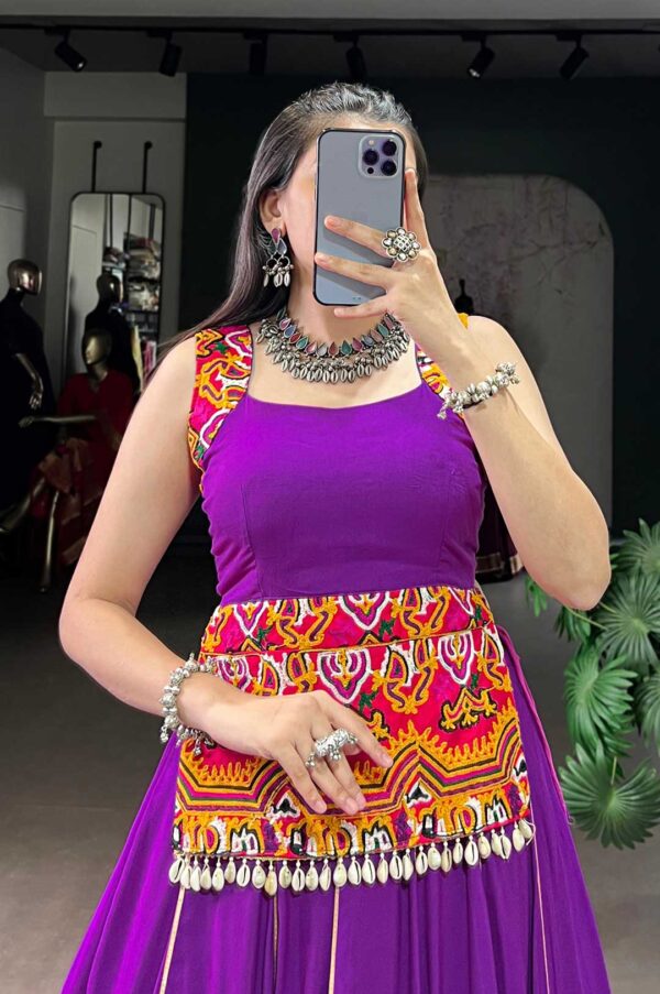 Vibrant Purple Rayon Gamthi Embroidered Lehenga Choli