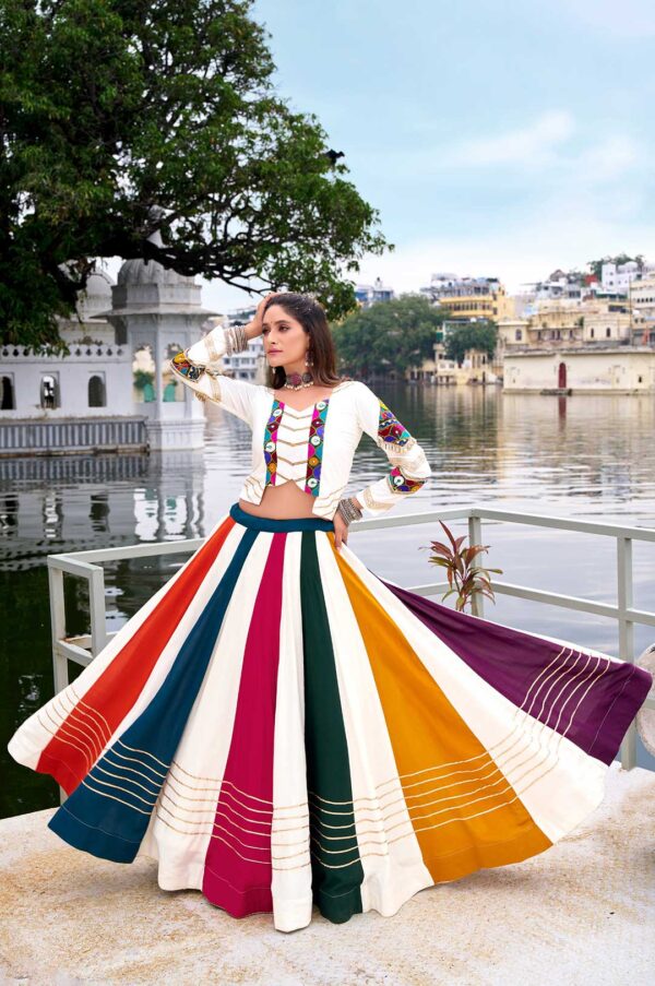 White & Multi-Color Rayon Lehenga with Mirror Gamthi Work Blouse