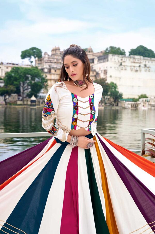 White & Multi-Color Rayon Lehenga with Mirror Gamthi Work Blouse