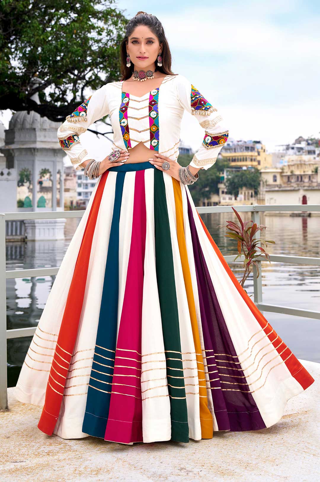 White & Multi-Color Rayon Lehenga with Mirror Gamthi Work Blouse