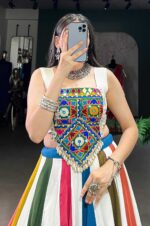 White-&amp;-Multi-Color-Rayon-Mirror-Gamthi-Lehenga-Choli-with-Gota-Patti-Lace-3