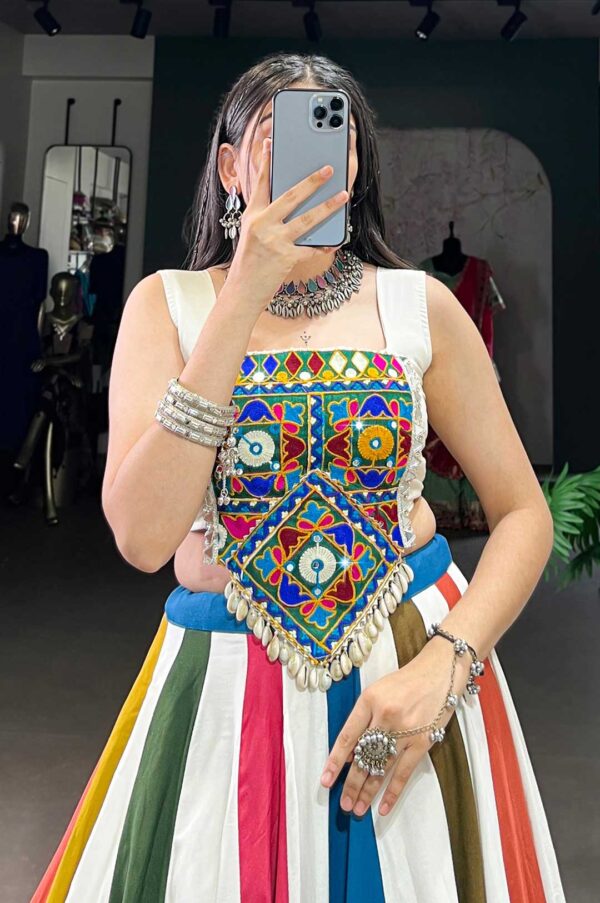 White & Multi-Color Rayon Mirror Gamthi Lehenga Choli with Gota Patti Lace