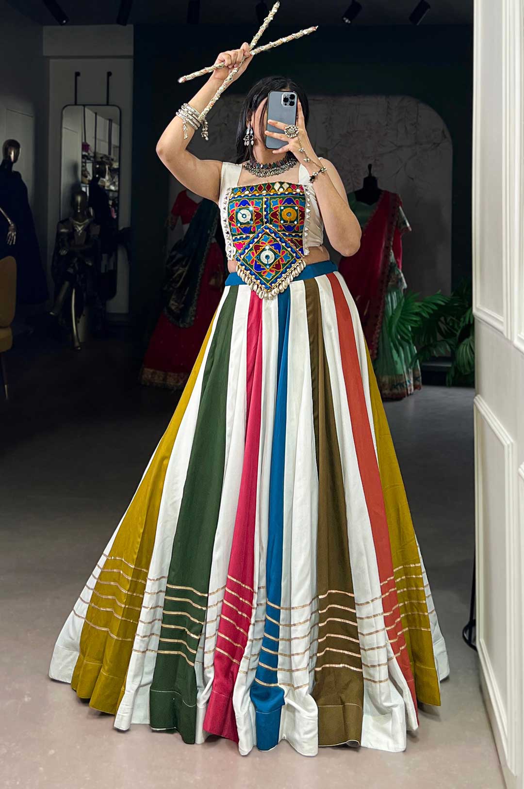 White & Multi-Color Rayon Mirror Gamthi Lehenga Choli with Gota Patti Lace