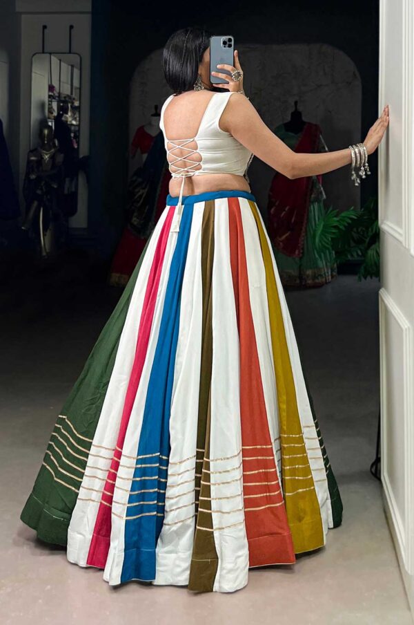 White & Multi-Color Rayon Mirror Gamthi Lehenga Choli with Gota Patti Lace
